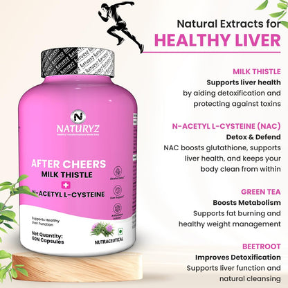 NATURYZ After Cheers Fatty Liver & Alcohol Detox Supplement with Milk Thistle, N-Acetyl Cysteine (NAC), Green Tea & Beetroot | Advanced Liver Health, Hangover Recovery | Helps detox After Drinking | 60 Vegetarian Capsules