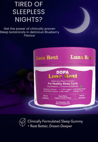 Dopa Luna Rest Melatonin Sleep Gummies | 30 Gummies | 3mg Melatonin with Magnesium glycinate, L-Theanine, Lemon Balm, Passionflower & Tart Cherry