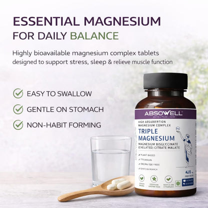 Absowell Magnesium Supplement Triple Complex - Glycinate, Malate & Citrate - High Absorption Capsules for Sleep, Muscle Support & Energy - Gentle on Stomach - 420 mg - Plant-Based - 90 Capsules