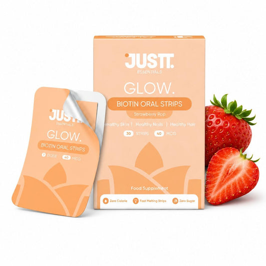 JUSTT ESSENTIALS Glow Biotin Oral Strips, 10,000 mcg Sesbania Extract, Strawberry Pop Flavor, 30 Fast Dissolving Strips, Vegan Plant-Based Supplement for Hair Growth, Glowing Skin & Strong Nails