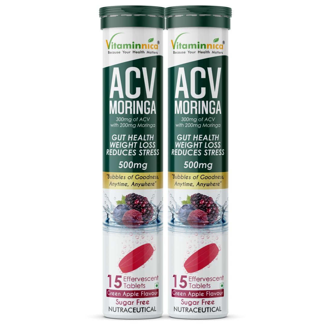 Vitaminnica ACV Moringa Effervescent Tablets To Control Cravings | Reduces Stress, Gut Health, Weight Loss | Sugar Free | 15 Tablets Each (Pack of 2, Mixberries)