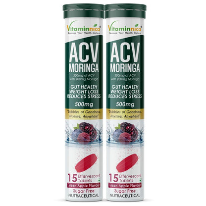 Vitaminnica ACV Moringa Effervescent Tablets To Control Cravings | Reduces Stress, Gut Health, Weight Loss | Sugar Free | 15 Tablets Each (Pack of 2, Mixberries)