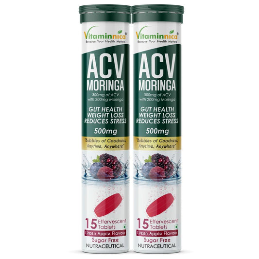 Vitaminnica ACV Moringa Effervescent Tablets To Control Cravings | Reduces Stress, Gut Health, Weight Loss | Sugar Free | 15 Tablets Each (Pack of 2, Mixberries)