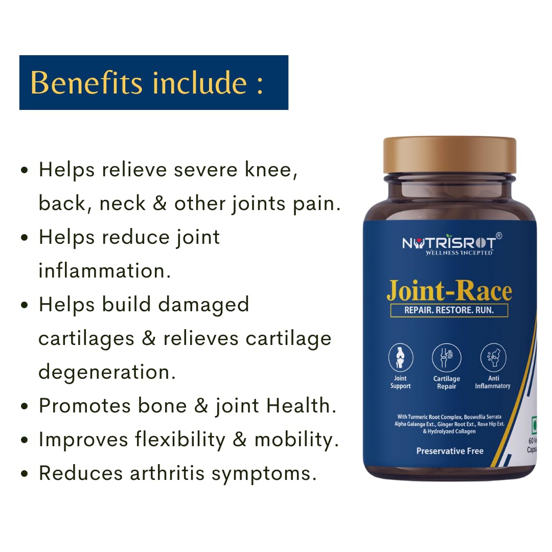 NUTRISROTÌ Joint-Race Ayurvedic Supplement For Joint Pain Relief With Boswellia Serrata, Turmeric Root Complex (10X High Bio-Available Curcumin), Rosehip Ext & Hydrolyzed Collagen (60 Veg Caps)