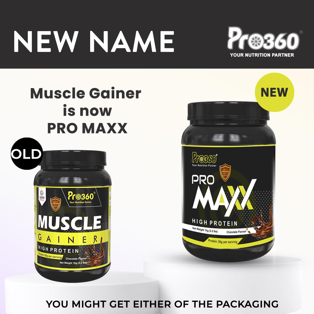 Pro360 Pro Maxx (fka Muscle Gainer) Protein Powder - Special Formula for Muscle Growth with BCAA, L-Creatine & Digestive Enzymes - 1kg Chocolate Flavor (38g Protein per Serving)