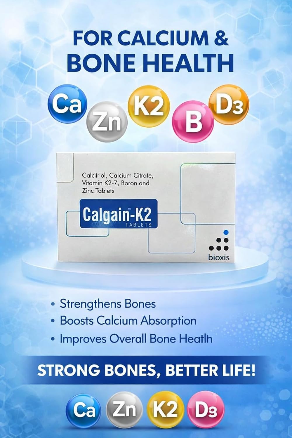 BIOXIS Healthcare Calgain-K2 Tablets | Calcitriol Calcium Citrate Vitamin K2-7 Boron Zinc Supplement | Bone Health Support (Pack of 6)