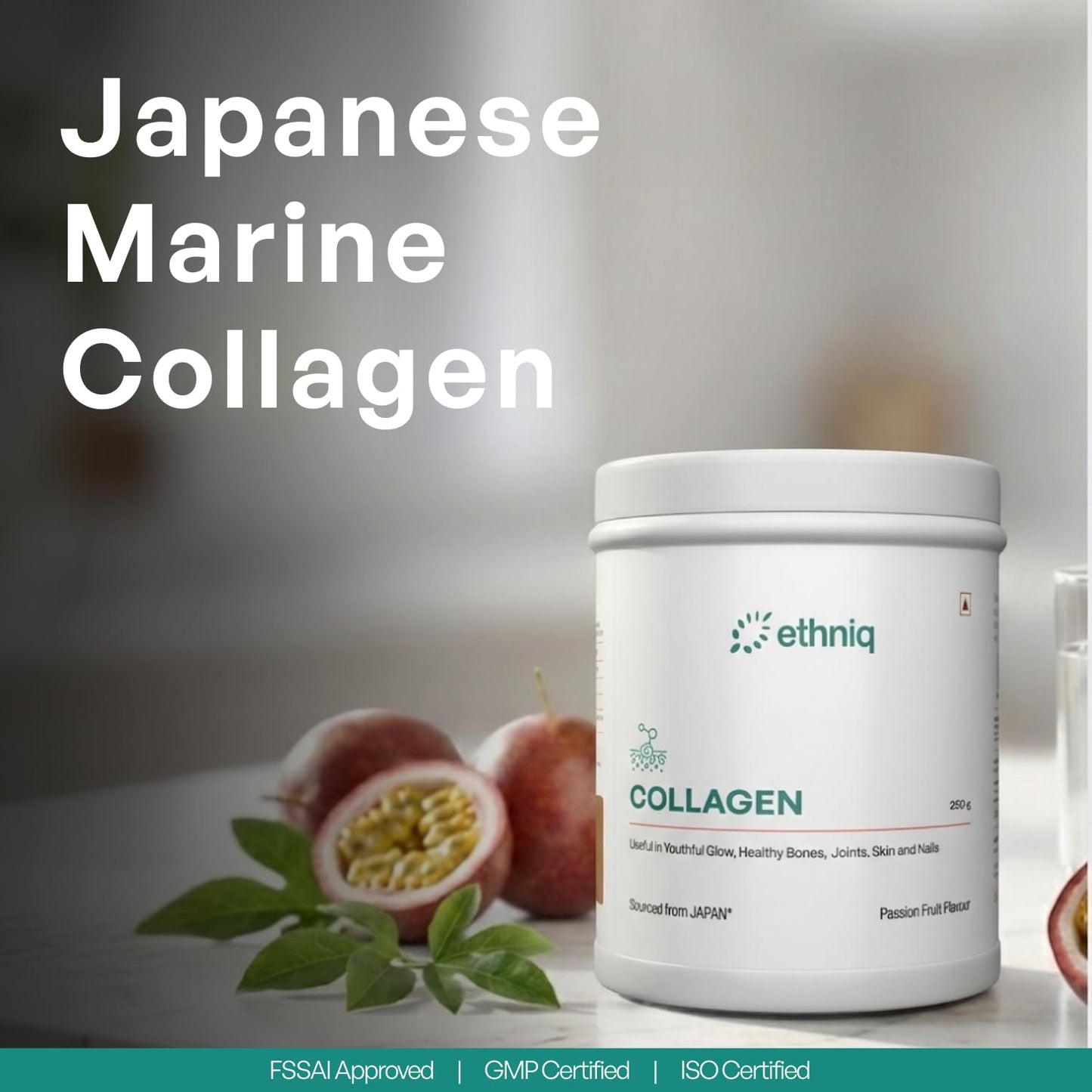 Ethniq Japanese Marine Collagen Powder for Women & Men | Hydrolyzed Type I Collagen Peptides with Glutathione, Vitamin C, E & Biotin | Supports Skin Glow, Hair, Nails & Joints | Sugar Free Passion Fruit Flavour | 250g