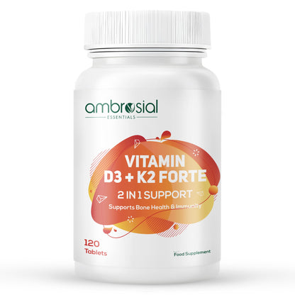 Ambrosial Vitamin D3 K2 Forte 120 Tablets | Vitamin D 3 k 2 Supplement for Bone, Heart & Immune Health Vitamin D3 (600 IU) with MK-7 Vitamin K2 | Plant-Based High Absorption Daily supplements
