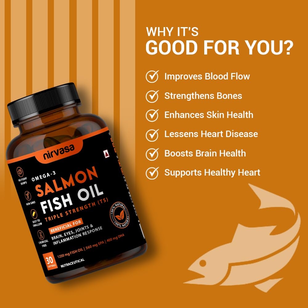 Nirvasa Omega 3 Salmon Fish Oil Softgel Capsules (Triple Strength) for Men & Women | 1250mg Salmon Fish Oil, 560mg EPA & 400mg DHA | No Fishy Burps | Supports Healthy Heart, Brain & Bones - 30 x 1 Cap