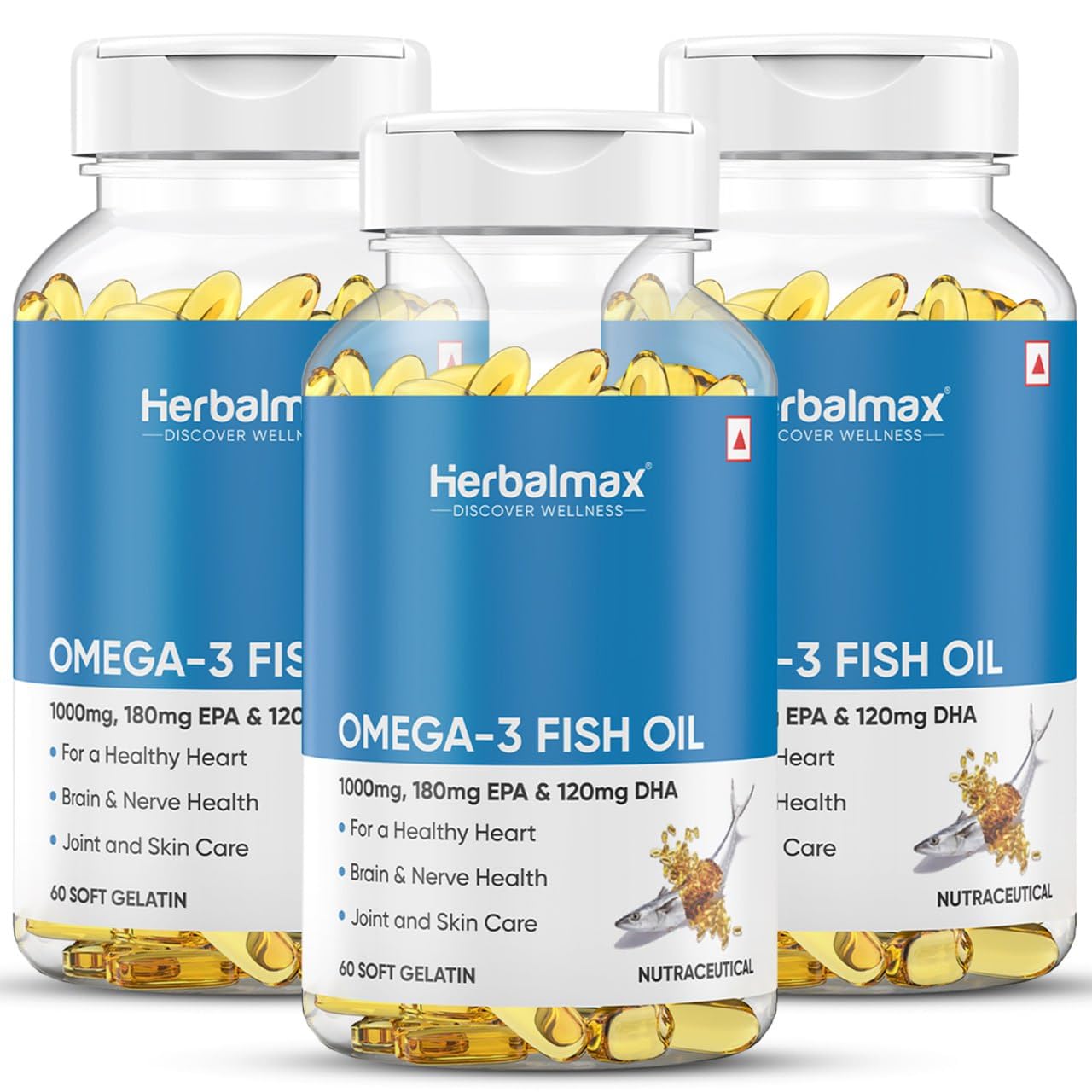 Herbal Max Omega-3 Fish Oil Capsules – 180 Capsules (Pack of 3) | 1000mg Fish Oil with 180mg EPA & 120mg DHA | Heart, Brain & Joint Support | Mercury-Free & Odorless