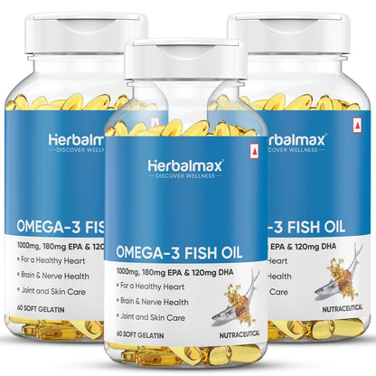 Herbal Max Omega-3 Fish Oil Capsules – 180 Capsules (Pack of 3) | 1000mg Fish Oil with 180mg EPA & 120mg DHA | Heart, Brain & Joint Support | Mercury-Free & Odorless