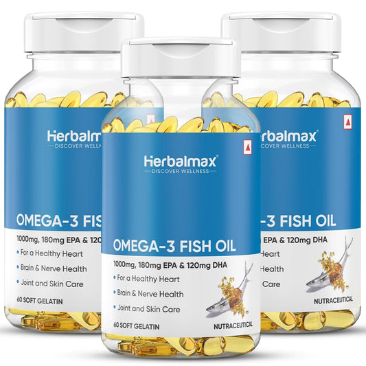 Herbal Max Omega-3 Fish Oil Capsules – 180 Capsules (Pack of 3) | 1000mg Fish Oil with 180mg EPA & 120mg DHA | Heart, Brain & Joint Support | Mercury-Free & Odorless