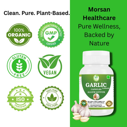 MORSAN HEALTHCARE Garlic Capsules 500mg – 60 Count | Vegetarian | 1 Pack | No Artificial Additives | organic | gluten free | plant based | herbal supplement |