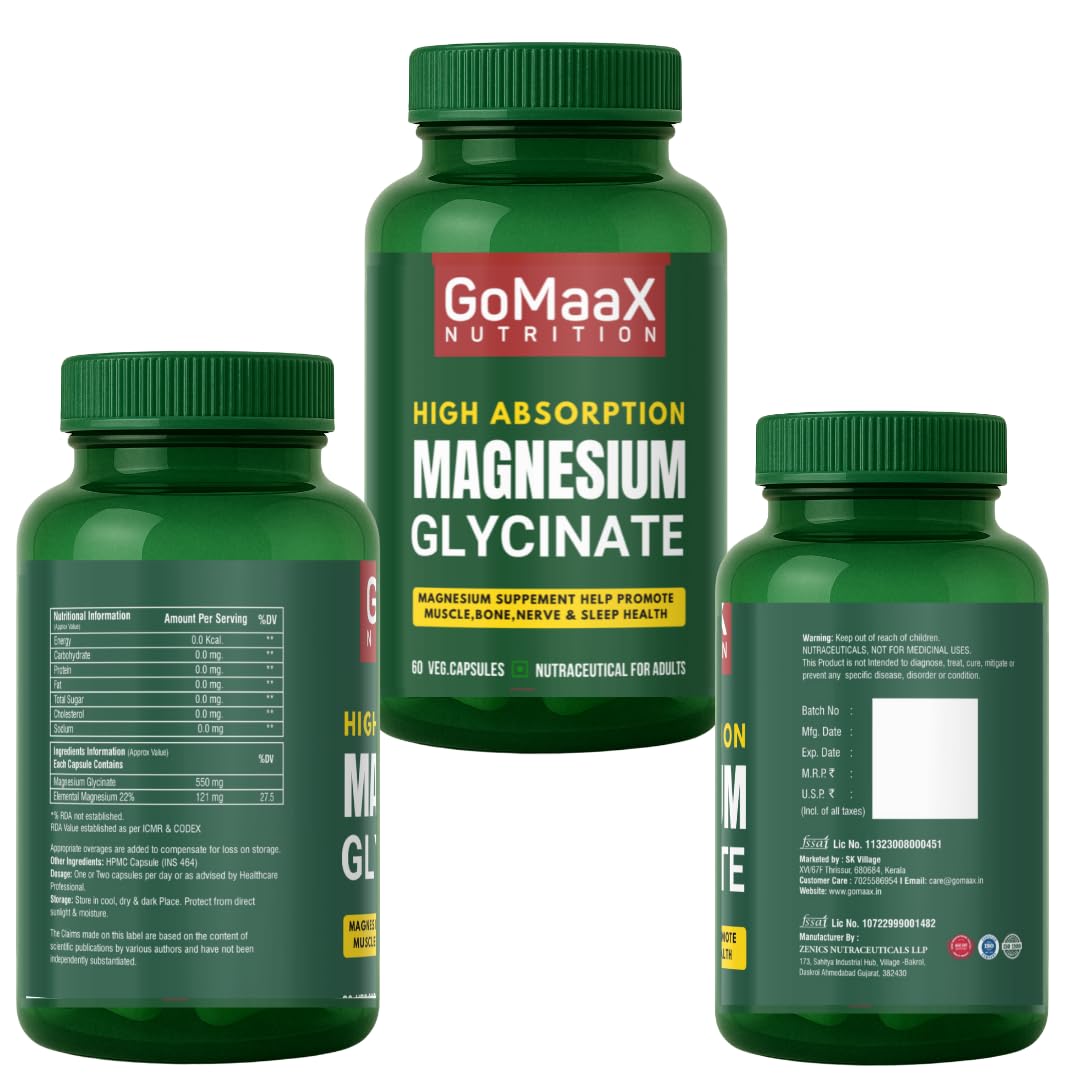 GOMAAX High Absorption magnesium glycinate 550mg, magnesium supplement | 60 Veg Capsules | Supports Nerve & Muscle Health | For Both Men & Women