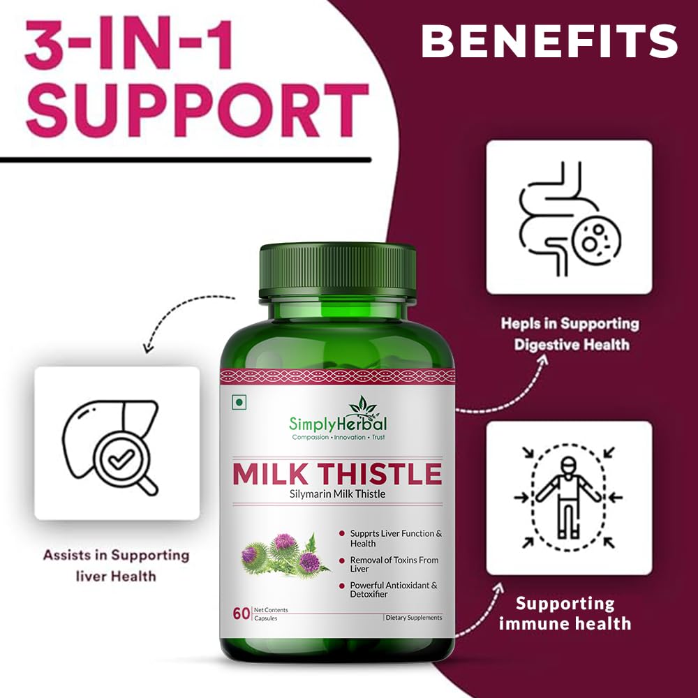 Simply Herbal Milk Thistle Extract 800mg with Silymarin – 60 Vegetarian Capsules | Liver Support Formula | Herbal Supplement for Wellness