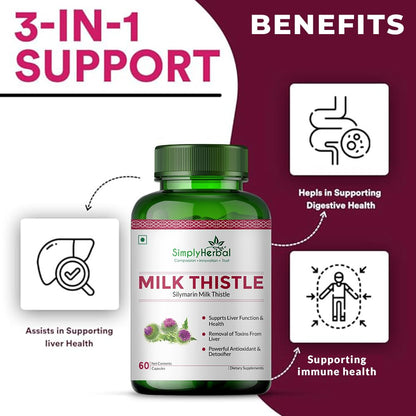Simply Herbal Milk Thistle Extract 800mg with Silymarin – 60 Vegetarian Capsules | Liver Support Formula | Herbal Supplement for Wellness