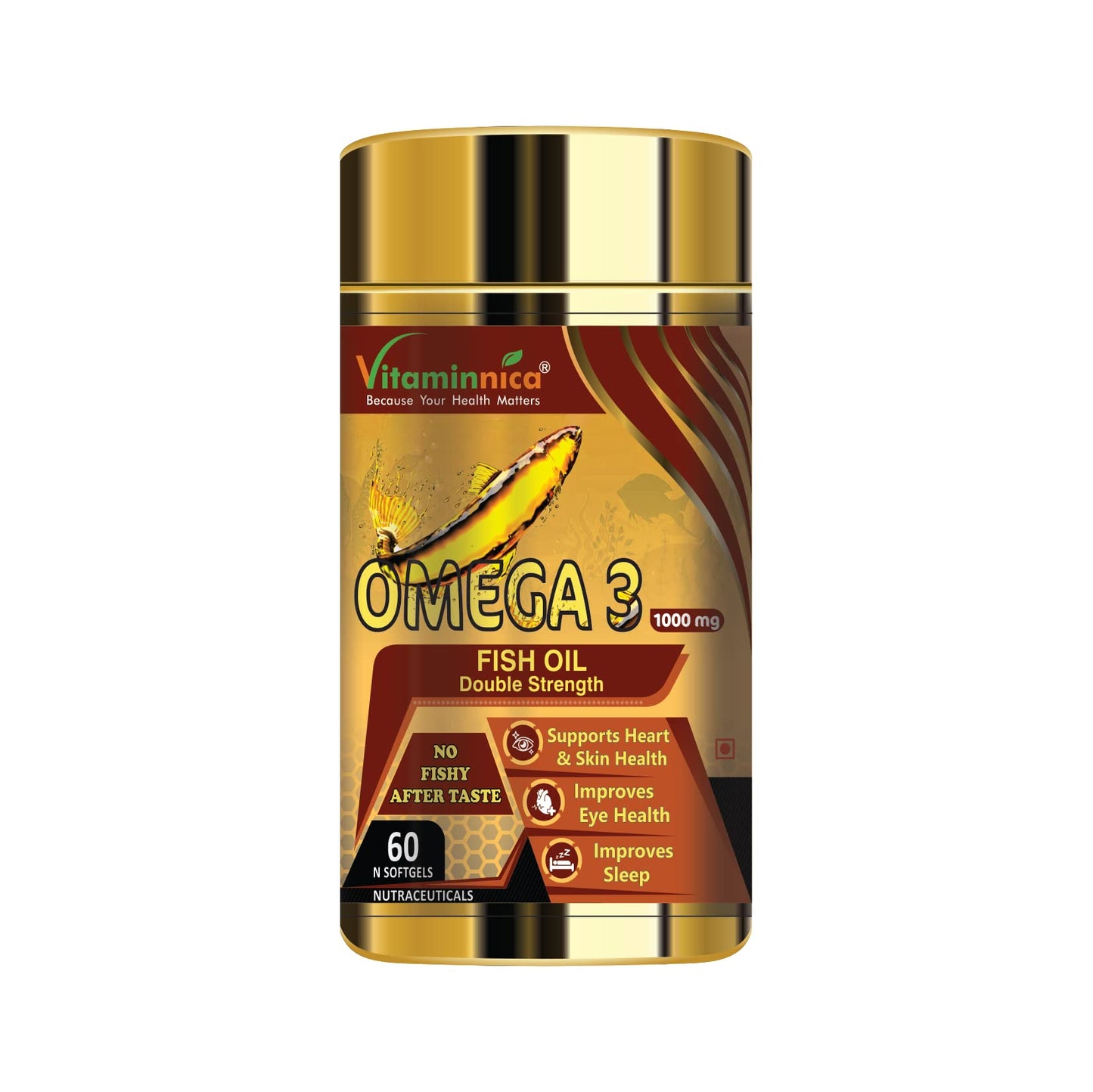 Vitaminnica Salmon Omega 3 Fish Oil Softgels Fatty Acids Great For Eyes, Skin, Heart, Joints & Brain Health || Double Strength (EPA & DHA) 60 Softgels for Men and Women (Pack of 1)