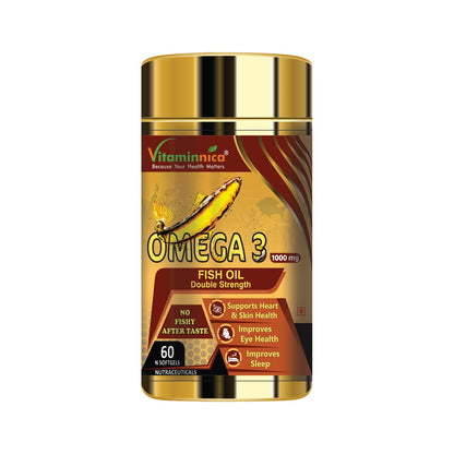 Vitaminnica Salmon Omega 3 Fish Oil Softgels Fatty Acids Great For Eyes, Skin, Heart, Joints & Brain Health || Double Strength (EPA & DHA) 60 Softgels for Men and Women (Pack of 1)