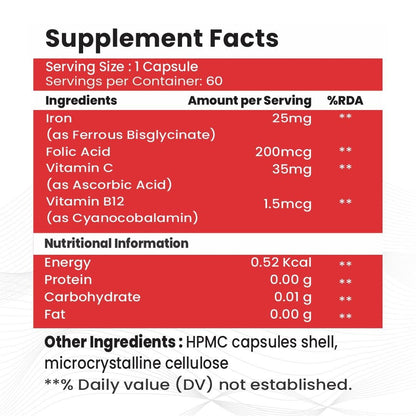 Raskam Iron Supplement with Folic Acid, Vitamin C & Vitamin B12, 60 capsules, Dietary Supplement