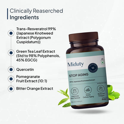 Miduty Stop Aging Trans Resveratol 250mg with Green Tea Leaf Extract 300mg | Quercetin, Bitter Orange & Pomegranate Fruit Extract | Powerful Antioxidant Formula | Anti Aging Supplement 60 Veg Capsules