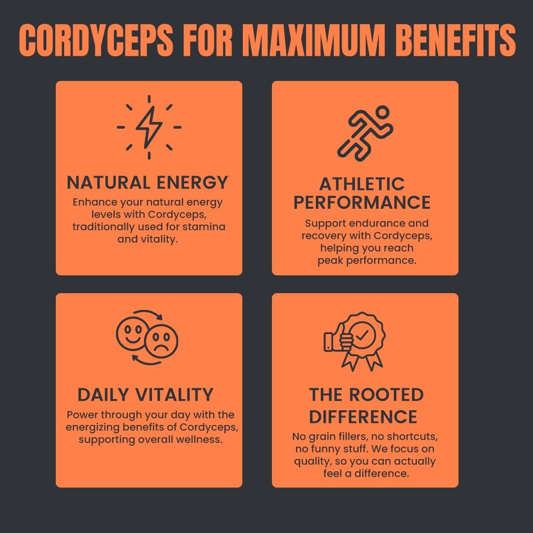 R ROOTED ACTIVE NATURALS Cordyceps Mushroom Supplement, Organic Extract Tincture | For Energy, Stamina, Supports Respiratory & Kidney Health| Non Gmo, No Alcohol Exctract | 30 Ml - 60 Servings