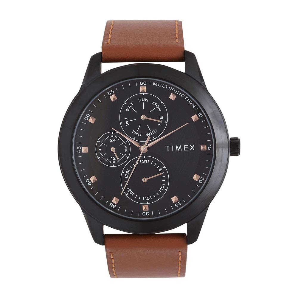 TIMEX Leather Men Multifunction Black Round Dial Analogue Watch - Tweg18505