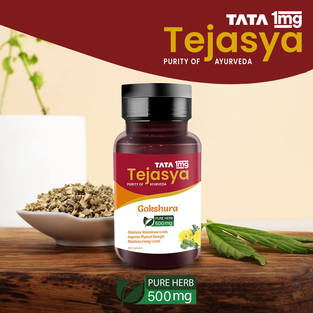 Tata 1mg Tejasya Gokshura Capsule Helps In Maintain Energy, Strength, Reduce fatigue (Pack of 1, 500mg)
