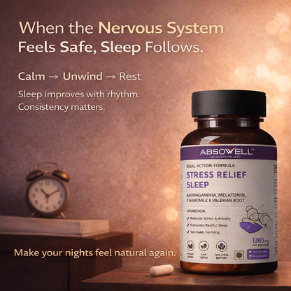 Absowell Stress & Sleep Relief | 60 Veg Capsules | Ashwagandha 300mg, L-Theanine 200mg, Valerian, Chamomile & Melatonin 3mg | Natural Non-Habit Forming Sleep Aid & Stress Relief Supplement