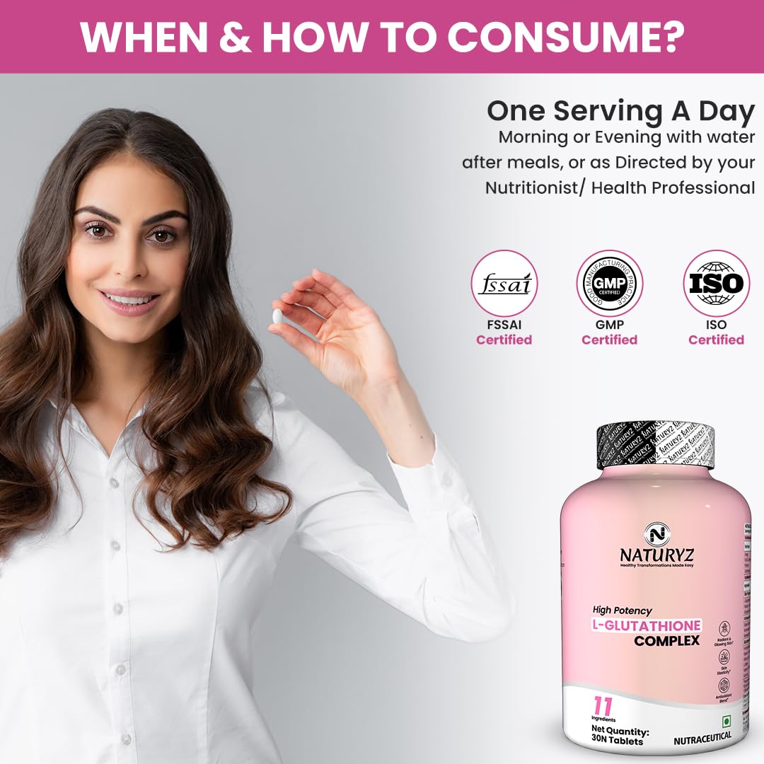 NATURYZ High Potency L-Glutathione 1000mg per serving Glow Supplement for Women & Men | Highest 11 Nutrients | Skin Peptide Complex for Depigmentation | Antioxidant Blend | Glutathione Builder for Radiant & Brightening Skin - 30 Tablets