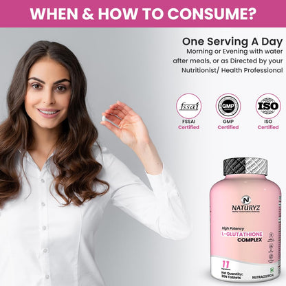 NATURYZ High Potency L-Glutathione 1000mg per serving Glow Supplement for Women & Men | Highest 11 Nutrients | Skin Peptide Complex for Depigmentation | Antioxidant Blend | Glutathione Builder for Radiant & Brightening Skin - 30 Tablets