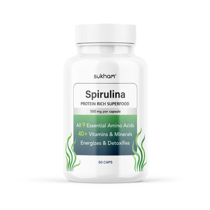 Sukham Spirulina Capsules | 60 Caps | 30 Days | With Essential Aminos, Vitamins & Minerals | Protein Rich Superfood | For Gut & Skin health | Preservative & Pesticide Free | For Men & Women