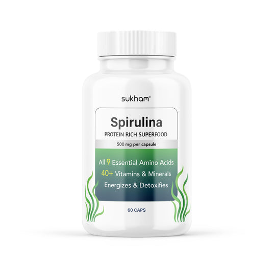 Sukham Spirulina Capsules | 60 Caps | 30 Days | With Essential Aminos, Vitamins & Minerals | Protein Rich Superfood | For Gut & Skin health | Preservative & Pesticide Free | For Men & Women
