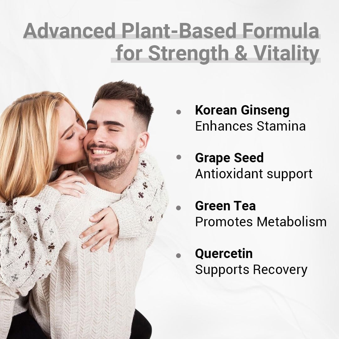 CUREFOREVER Testosterone Supplement for Men with Korean Ginseng & Grape Seed – Boost Strength & Stamina | 120 Veg Capsules | Herbal Performance Booster with Green Tea for Energy & Wellness