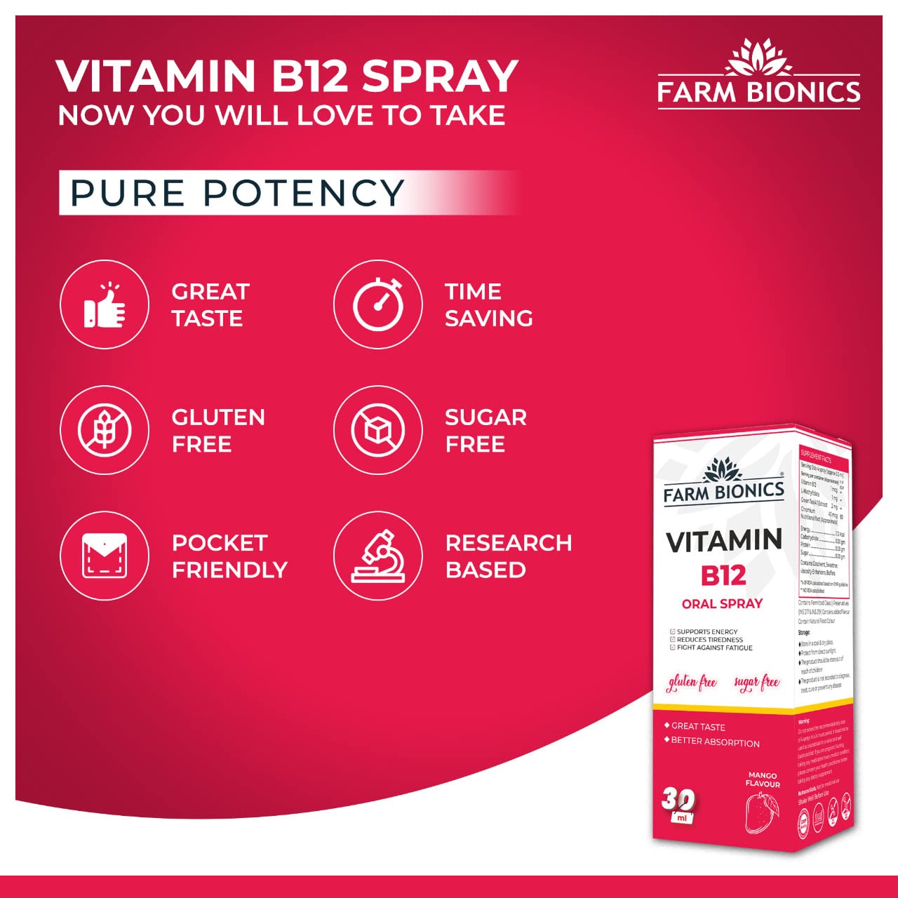 FARM BIONICS Vitamin B12 Oral Spray, 30Ml | 100% Vegetarian | Sugar Free | Gluten Free | Immunity Booster Spray For Men & Women | Pocket Friendly (Mango), Drop, Pack Of 1