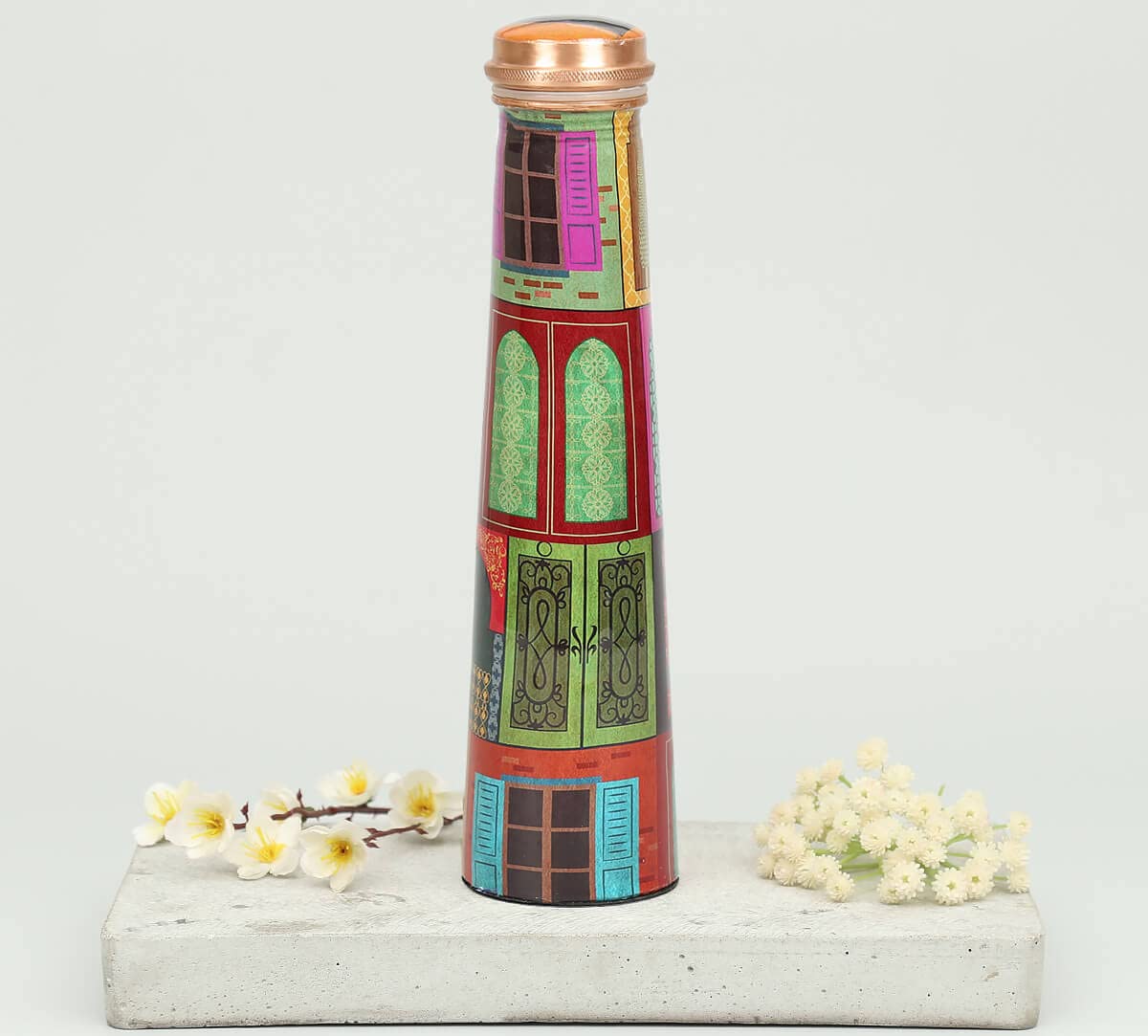 India Circus by Krsnaa Mehta Mughal Doors Reiteration Tapered Copper Bottle | Designer Digital Printed Enameled finish Tamba Bottle | Gift for Men & Women (800 mL, 1Unit, Multicolour, Pack of 1)