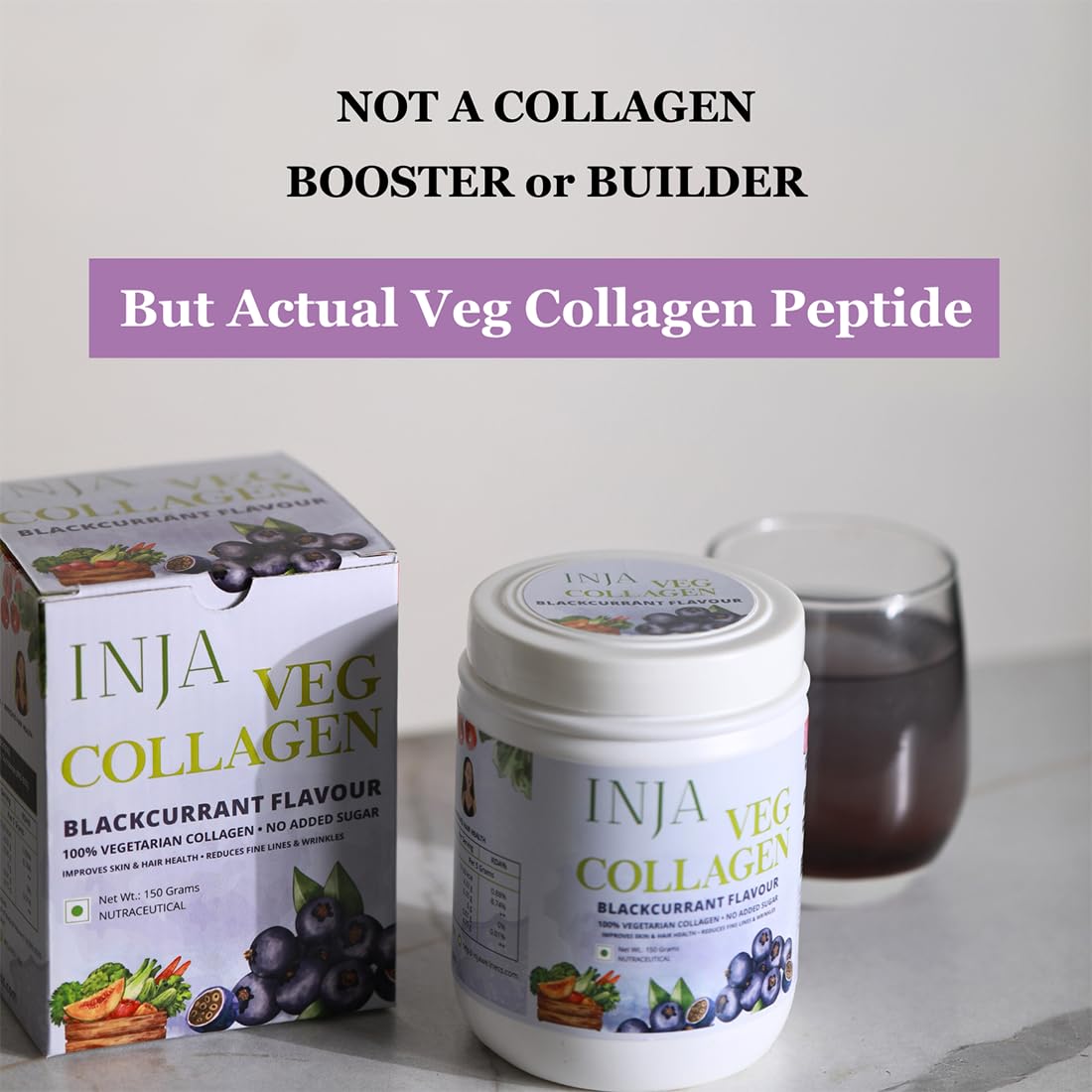 INJA Wellness Veg Collagen Supplement Powder for Women,Men,100% Vegetarian,No Added Sugar,Improves Skin & Hair Health,Reduce Fine Line & Wrinkles,Blackcurrant Flavour,150 grams