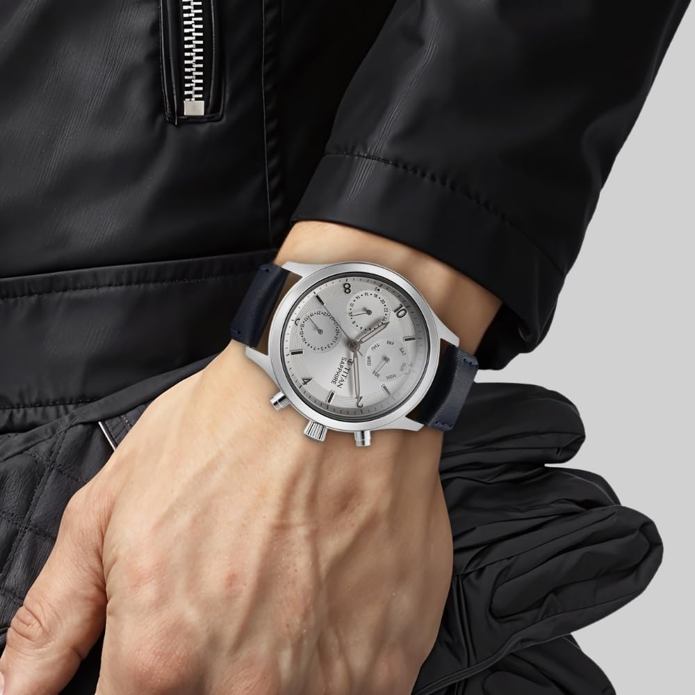 Titan Sapphire Quartz Multifunction Silver Dial Leather Strap Watch for- image 3