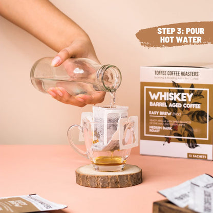 Toffee Coffee Roasters | Easy Brew (Hot Brew) Coffee | Single Malt Whiskey Barrel Aged Grounded Coffee | Pack of 8 Sachets | Medium Dark Freshly Roasted | Notes: Fine Malt & Green Apple