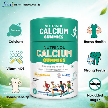 Knoll Healthcare Nutrinol Calcium Gummies with Vitamin D3 | Bone Health, Teeth Strength & Muscle Support | No Added Sugar | Peach Flavour Calcium Supplement for Men, Women & Kids | 60 Gummies