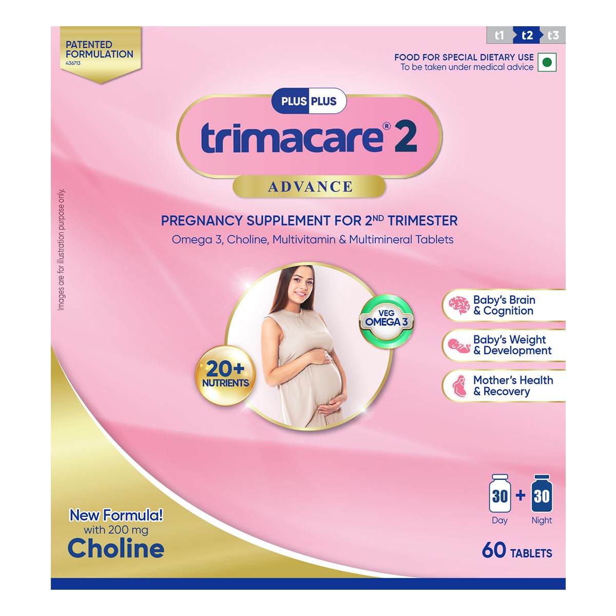 TRIMACARE™ 2 Advance | Prenatal Multivitamin For Pregnancy | For Second Trimester | Iron, Calcium, Veg DHA Omega-3, Vitamin C | No Gas & Bloating | Twice Daily | New Formula with Choline | 20+ essential nutrients (Pack of 1) | 60 X 1|