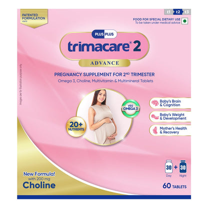 TRIMACARE™ 2 Advance | Prenatal Multivitamin For Pregnancy | For Second Trimester | Iron, Calcium, Veg DHA Omega-3, Vitamin C | No Gas & Bloating | Twice Daily | New Formula with Choline | 20+ essential nutrients (Pack of 1) | 60 X 1|