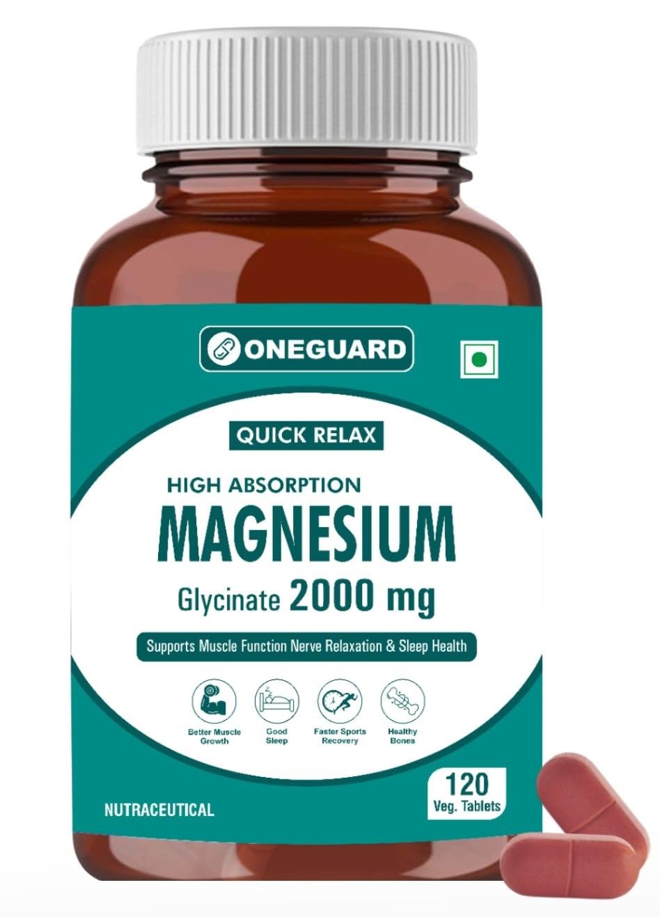 ONEGUARD Magnesium Glycinate Supplement 120 Veg Tablets, 2000mg Per Serving, High Absorption Chelated Form, helpful in Muscle & Nerve Relaxation, Better Sleep Quality for Men & Women