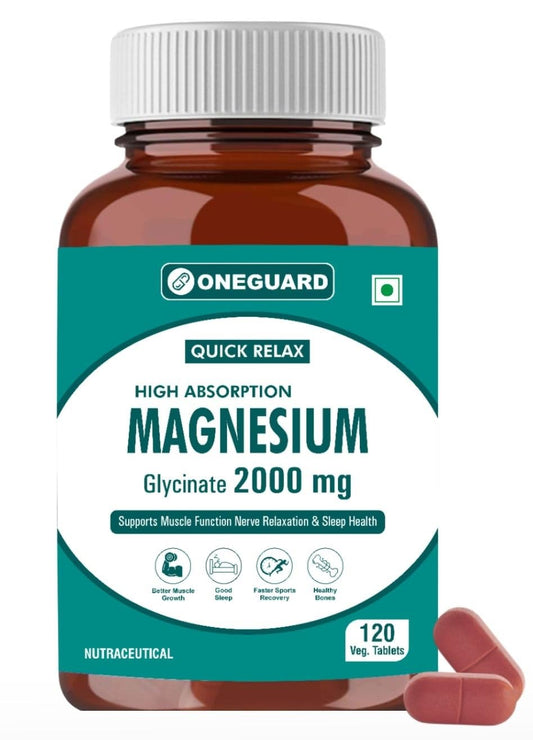 ONEGUARD Magnesium Glycinate Supplement 120 Veg Tablets, 2000mg Per Serving, High Absorption Chelated Form, helpful in Muscle & Nerve Relaxation, Better Sleep Quality for Men & Women