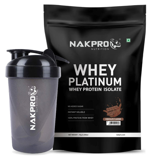 Nakpro Platinum 100% Whey Protein Isolate Powder with Shaker Bottle | Easy Digesting Whey Protein Supplement Powder for Men, Women & Athletes (Chocolate, 1 Kg + 500ml Shaker Bottle)