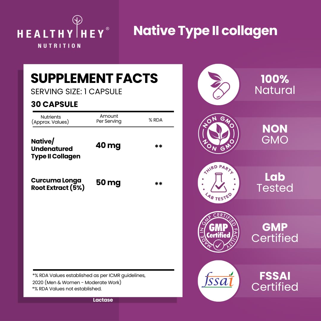 HealthyHey Nutrition NTC II Type 2 Collagen, Supports Cartilage and Joints, Pack of 30 Capsules