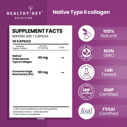 HealthyHey Nutrition NTC II Type 2 Collagen, Supports Cartilage and Joints, Pack of 30 Capsules