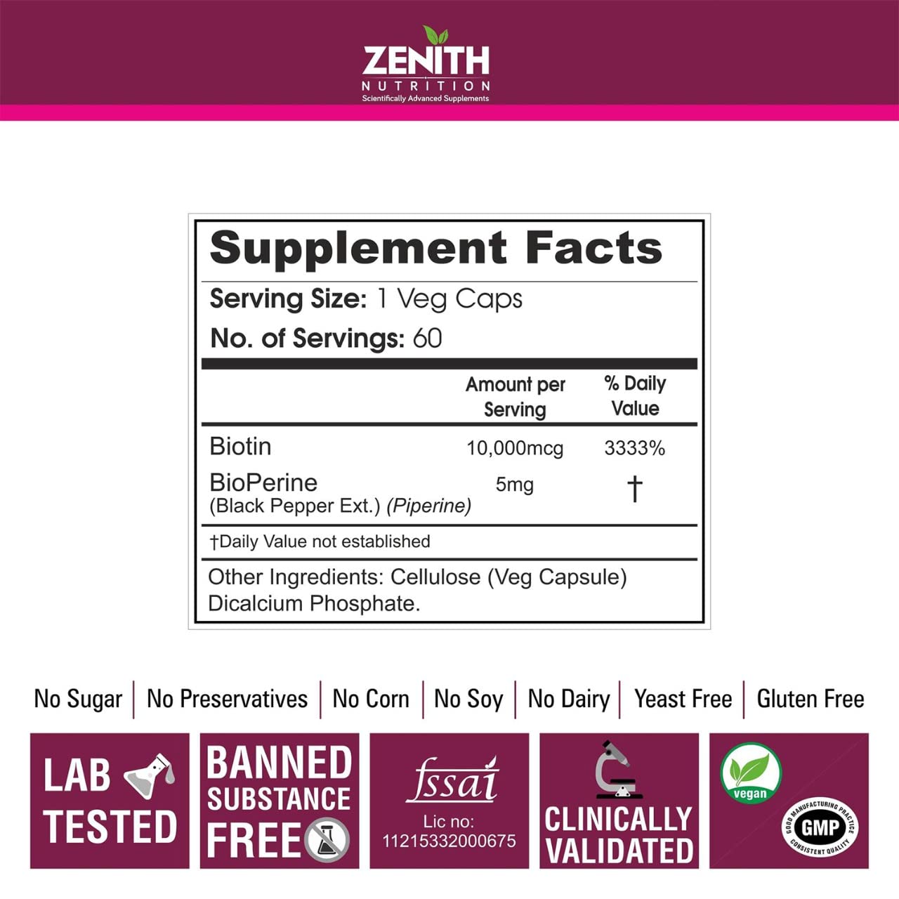 Zenith Nutrition Biotin 10000 mcg with Piperine 60 Caps| Lab tested | Hair Strong | Hair Growth