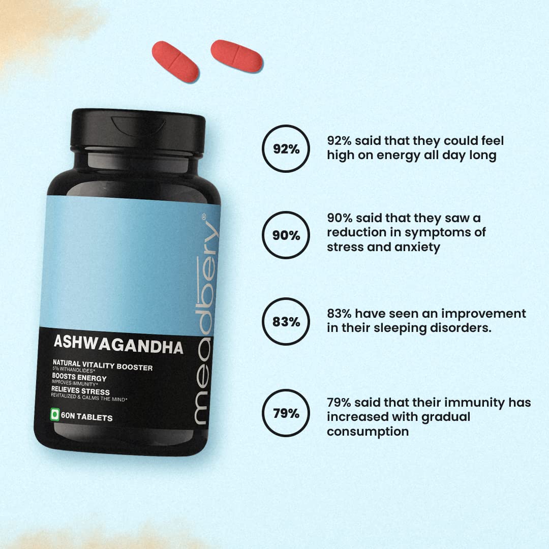 Meadbery Ashwagandha Tablet, 1000mg of True Himalayan Ashwagandha Tablet, Energy and Immunity Booster Ashwagandha Capsules for Men and Women, Clinically Researched Ingredients (60 Tablets)