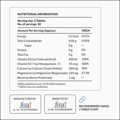 Nutrova Calcium+Magnesium | With Vitamin D3, K2-MK7 & Boron | Boosts Bone Strength, Joint & Muscle Health | High Absorption with Calcium Citrate Malate & Magnesium Bisglycinate | 60 Veg Tablets.