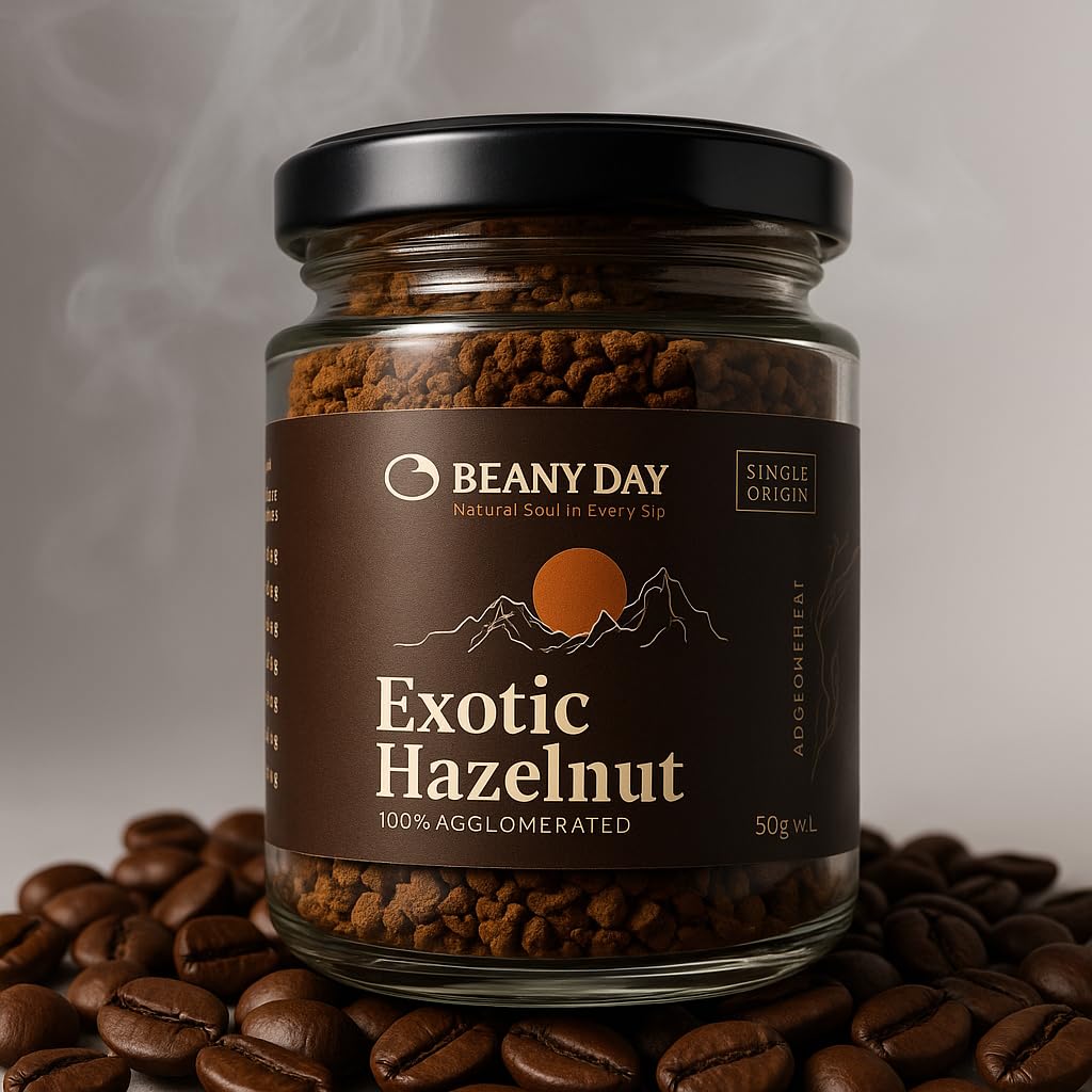 Beany Day Exotic Hazelnut Instant Coffee 50g | Premium Flavoured Coffee Powder | Agglomerated Coffee Granules | Smooth Nutty Aroma | No Chicory | Perfect for Hot & Cold Coffee